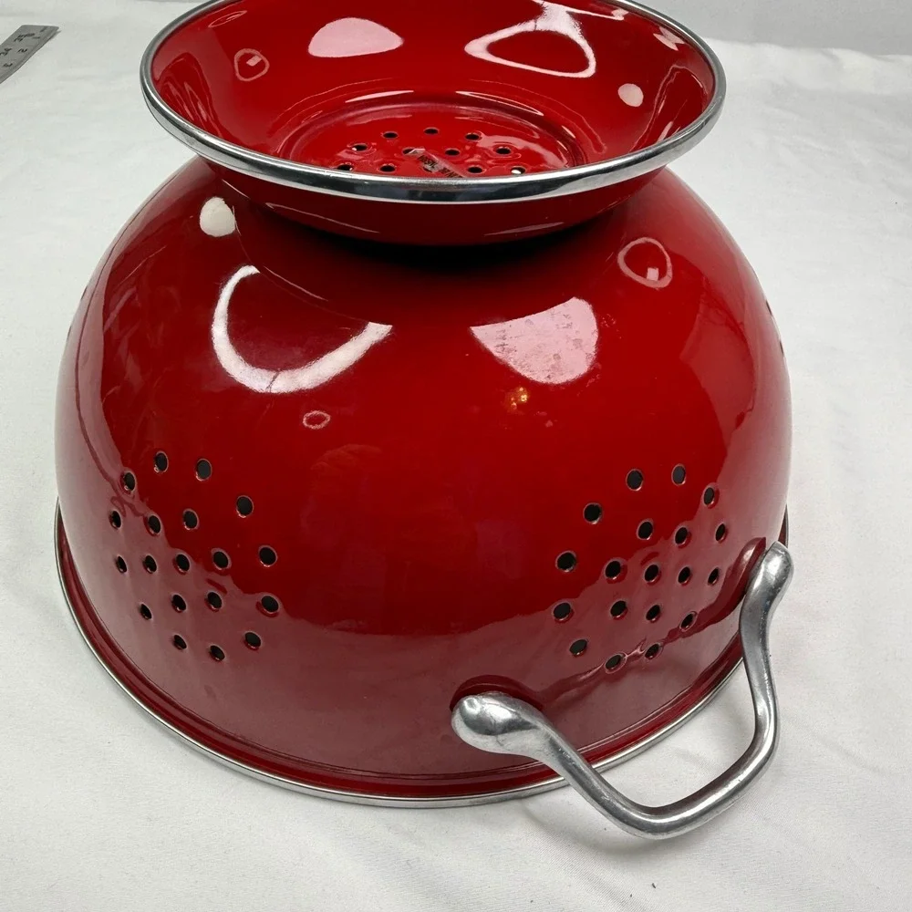 Red Enamel Colander Footed Strainer with Chrome Handles 9.5 Inch Kitchen Decor